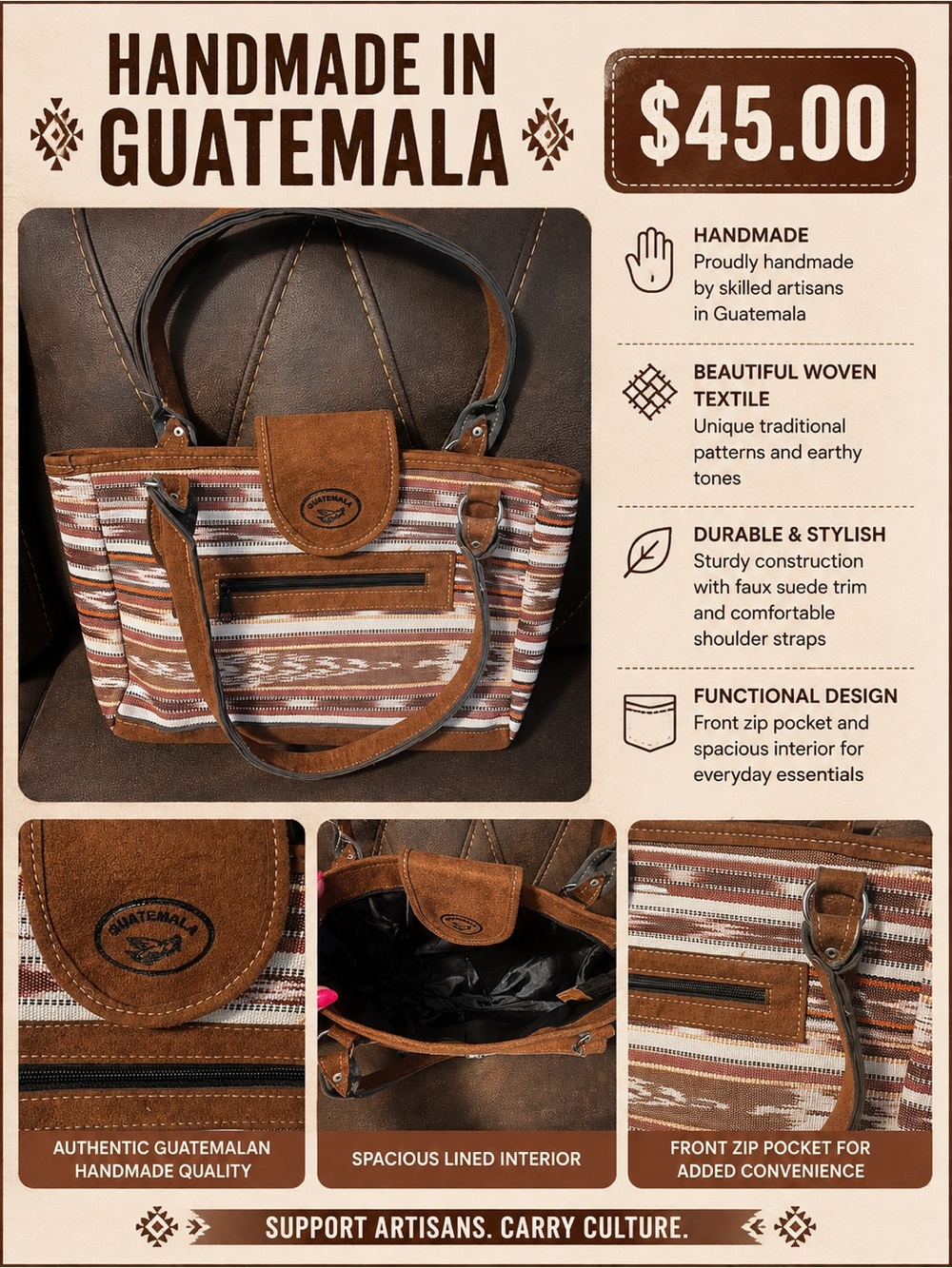 Handmade Guatemalan Brown & Cream Woven Shoulder Bag